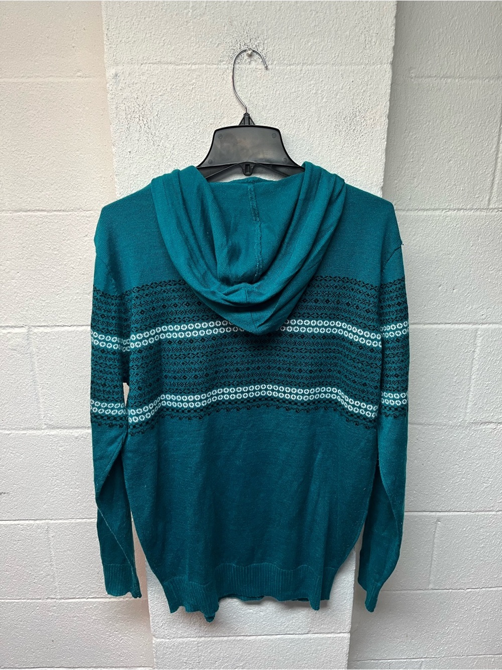 Carbon Teal Crewneck Hoodie Sweater with Striped Fair Isle Bands lightweight - Picture 5 of 5